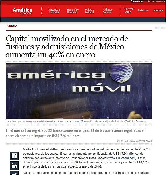 Capital movilizado en el mercado de fusiones y adquisiciones de Mxico aumenta un 40% en enero